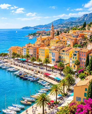 Pastel-coloured buildings tumble towards the Mediterranean