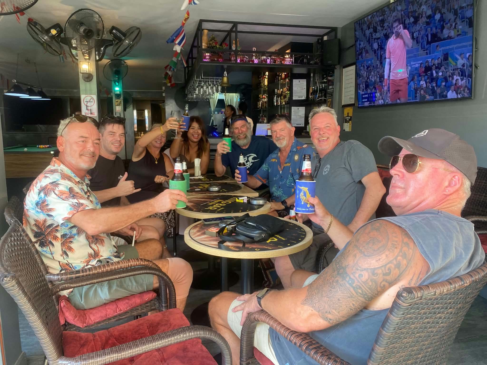 Hua Hin, King Bar - Gerg, Deb, Andy and my mates Marty, Tony & Kev with Mimi - start of a big day of drinking